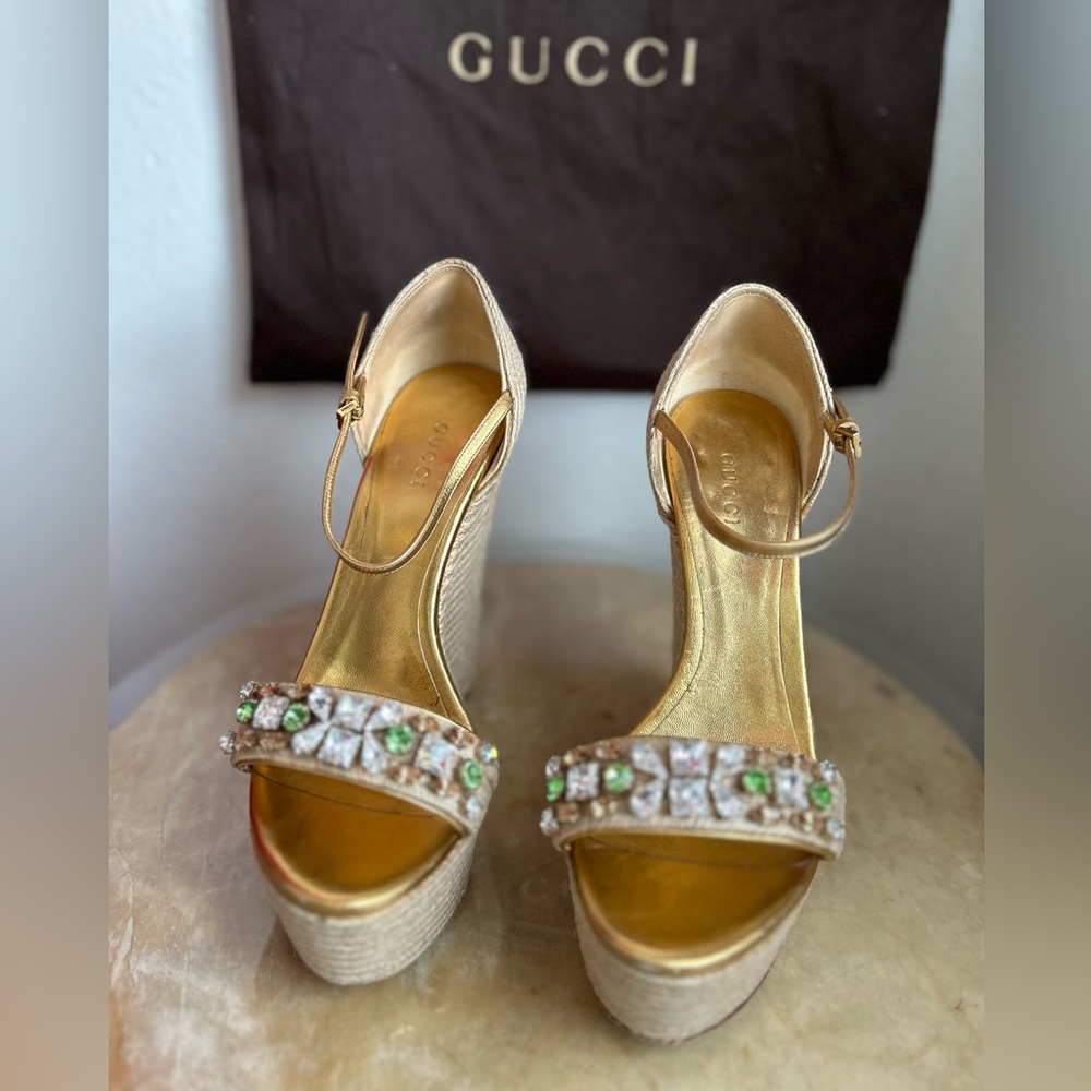Gucci Rhinestone Ankle Strap Wedge Espadrilles.